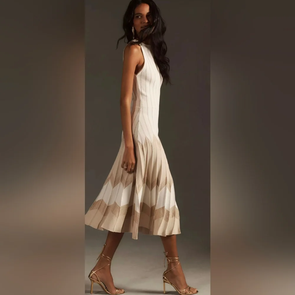 Anthropologie White/Gold Pleated Drop Waist Knit Midi Dress - Picture 5 of 8